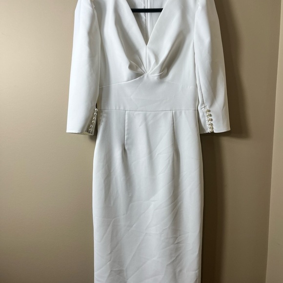Elegant White Sheath Modest Wedding Midi Dress with Puff Pearl Sleeves Size XS - Picture 4 of 10